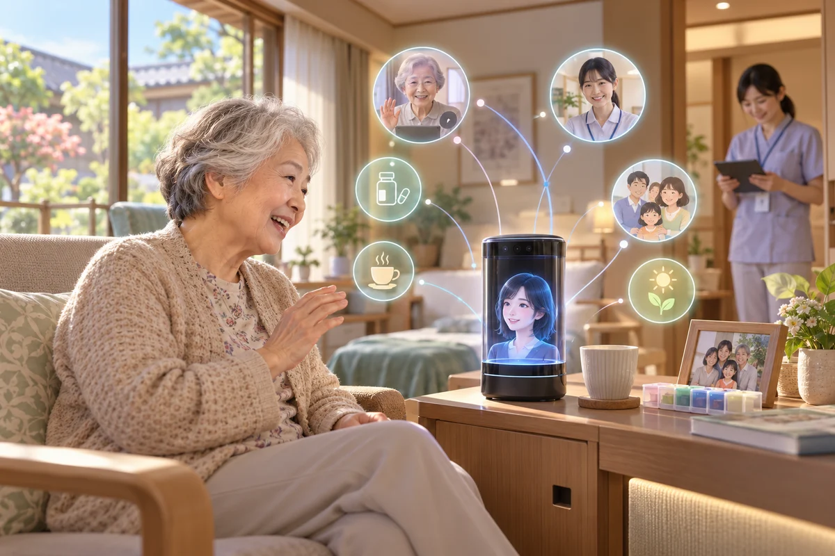 Illustration of an older resident speaking with a bedside Gloria device while a caregiver works nearby