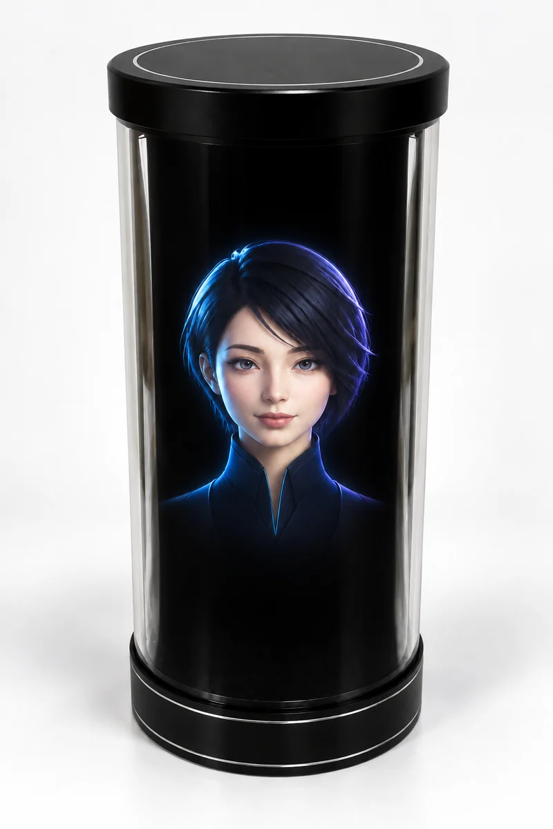 Illustration of Gloria’s avatar displayed inside a black cylindrical device